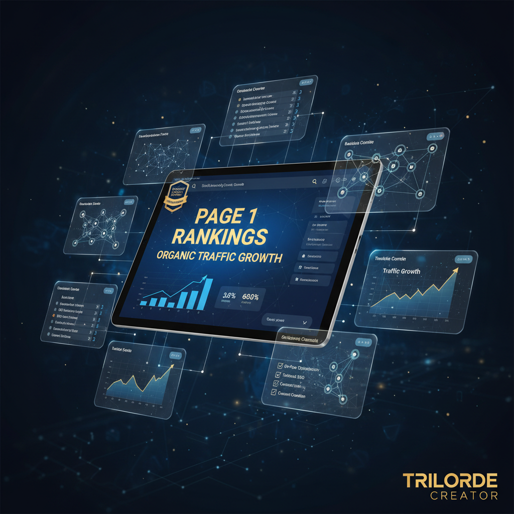 SEO dashboard showing page 1 rankings and organic traffic growth success