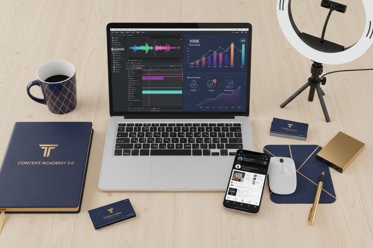 Professional content creator workspace with Content Academy materials and success metrics