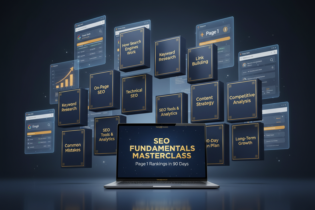 Complete SEO Fundamentals Masterclass training bundle showing all 12 modules