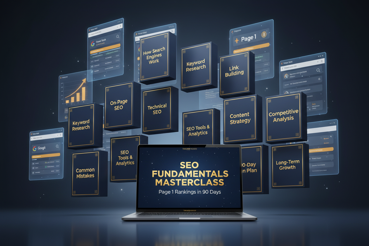 Complete SEO Fundamentals Masterclass training bundle showing all 12 modules
