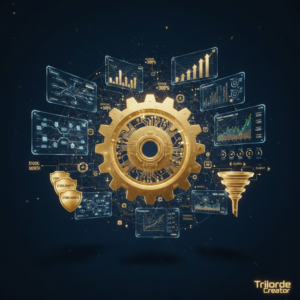 Epic cinematic composition showing marketing automation mastery and agency scaling success