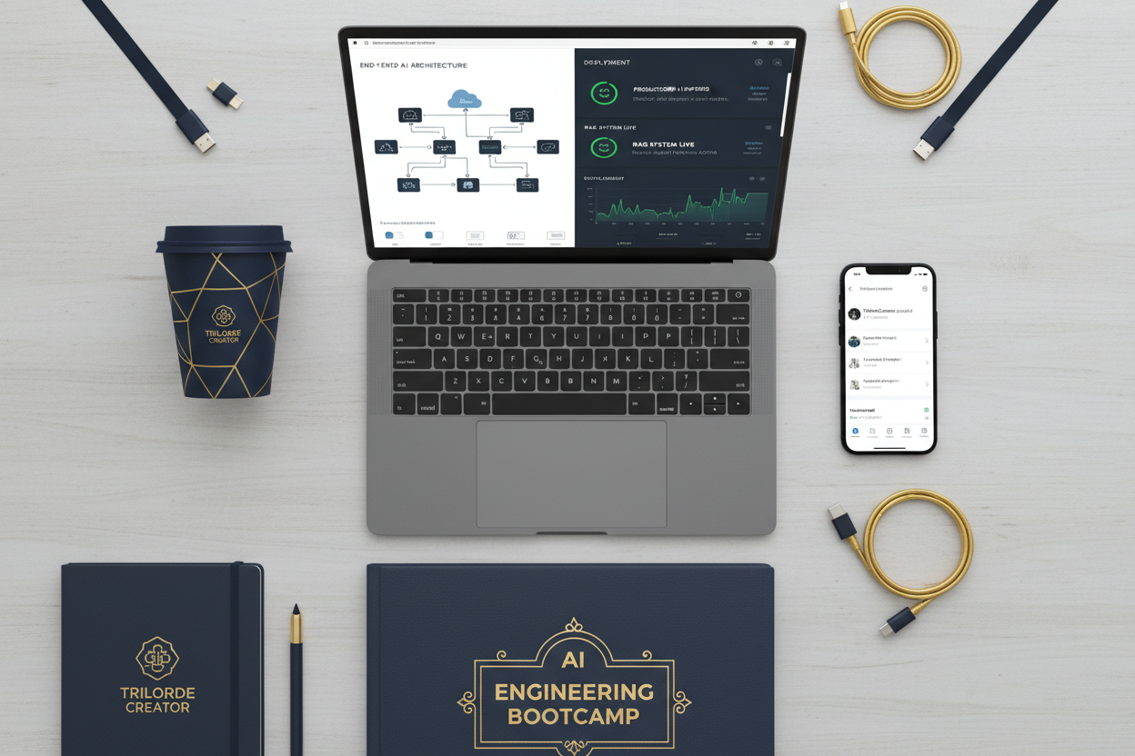 Professional AI engineer workspace with bootcamp materials and deployed AI systems