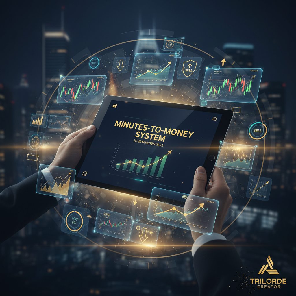 Trading dashboard showing the Minutes-to-Money system with 15-30 minute daily routine