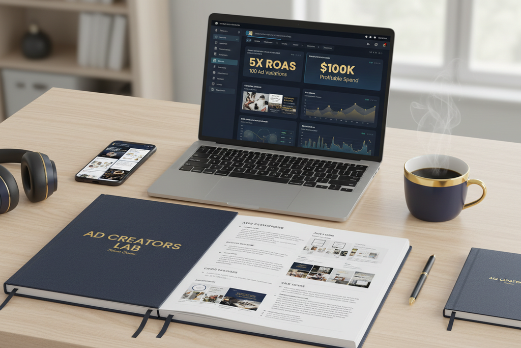 Professional performance marketer workspace with Ad Creators Lab training materials