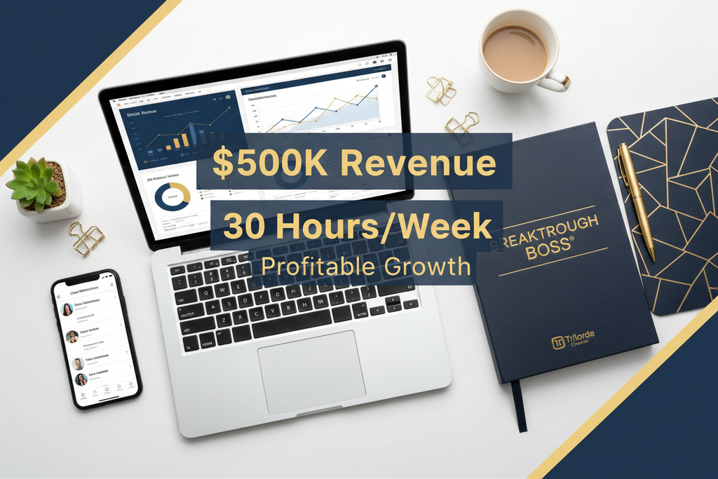 Professional business owner workspace with Breakthrough Boss training materials