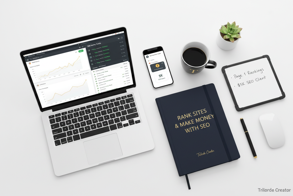 Professional SEO specialist workspace with training materials and ranking success metrics