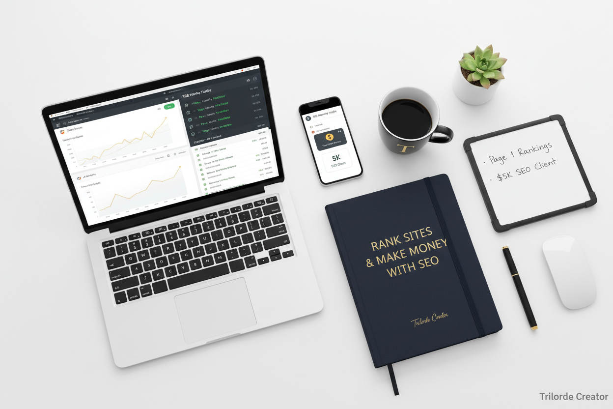 Professional SEO specialist workspace with training materials and ranking success metrics