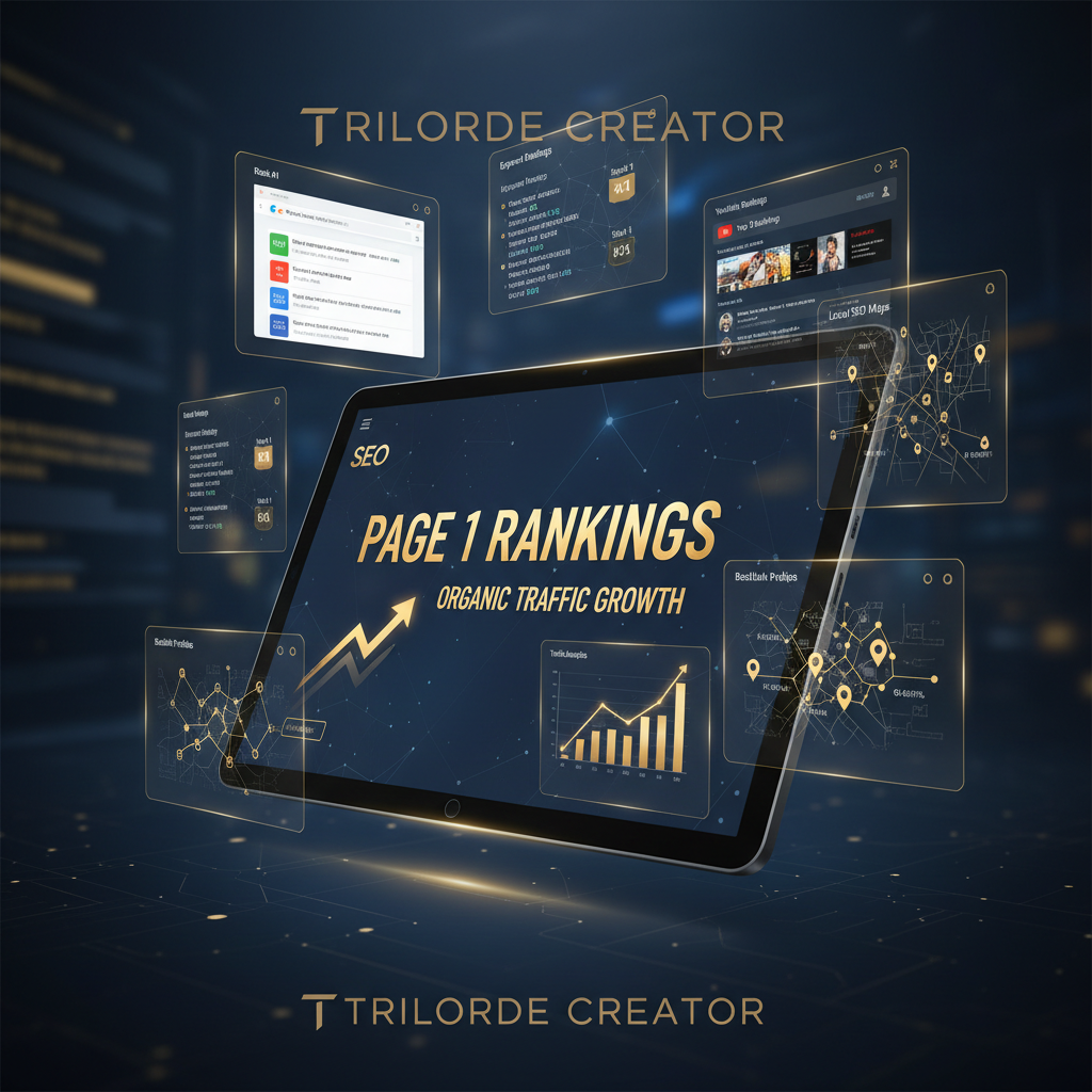 SEO dashboard showing page 1 rankings, organic traffic growth, and keyword performance