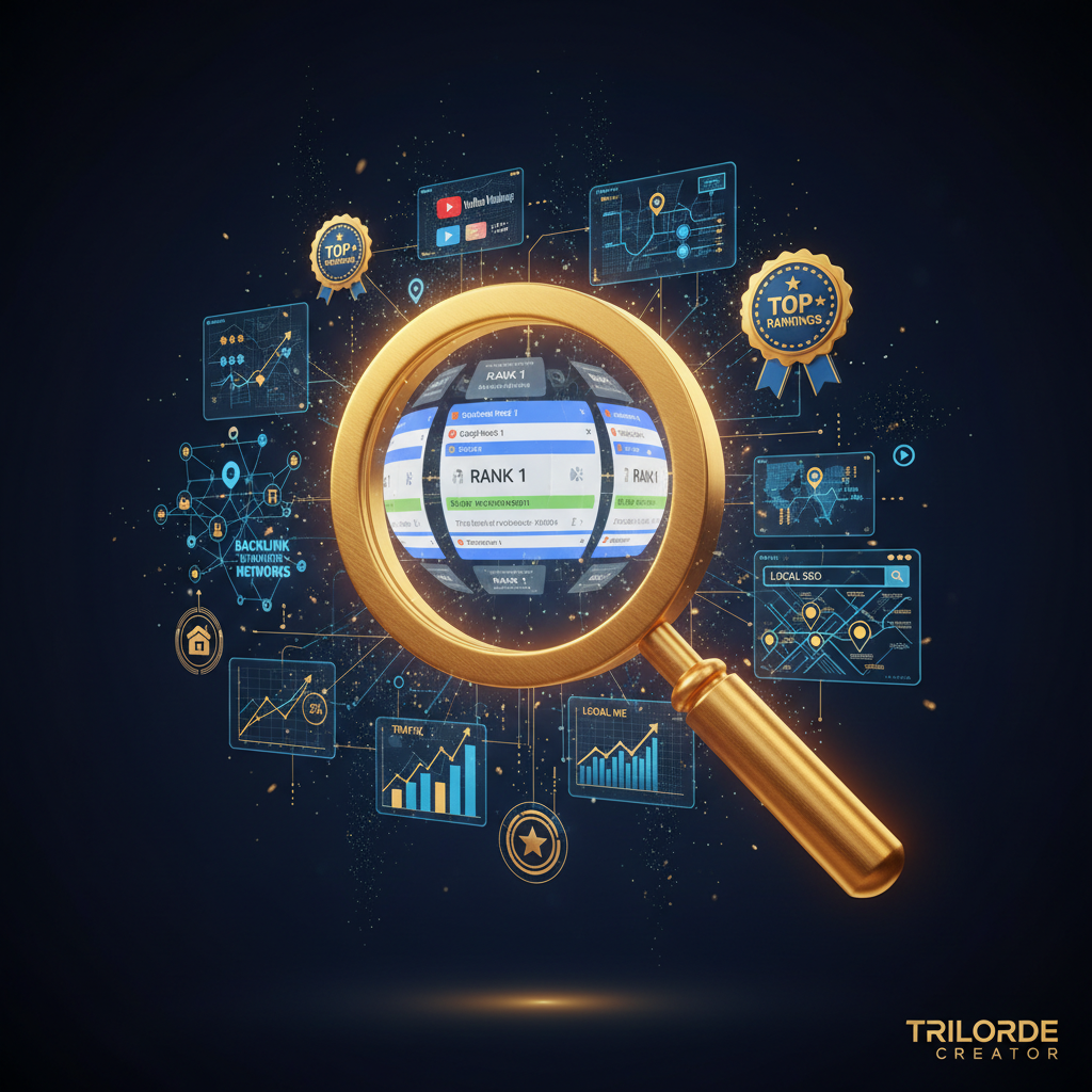 Epic cinematic composition showing SEO mastery and ranking dominance success