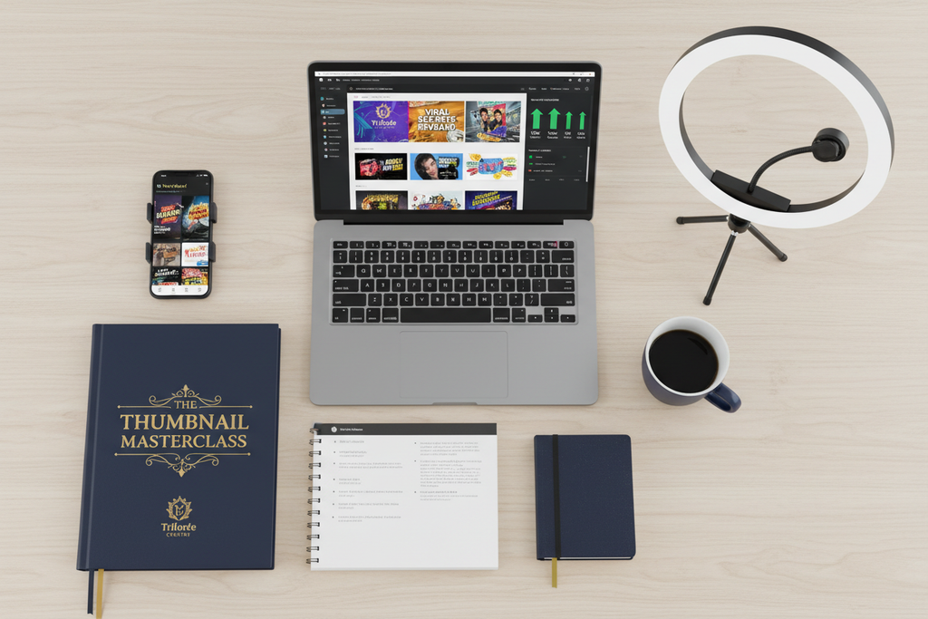 Professional YouTube creator workspace with thumbnail design tools and success metrics