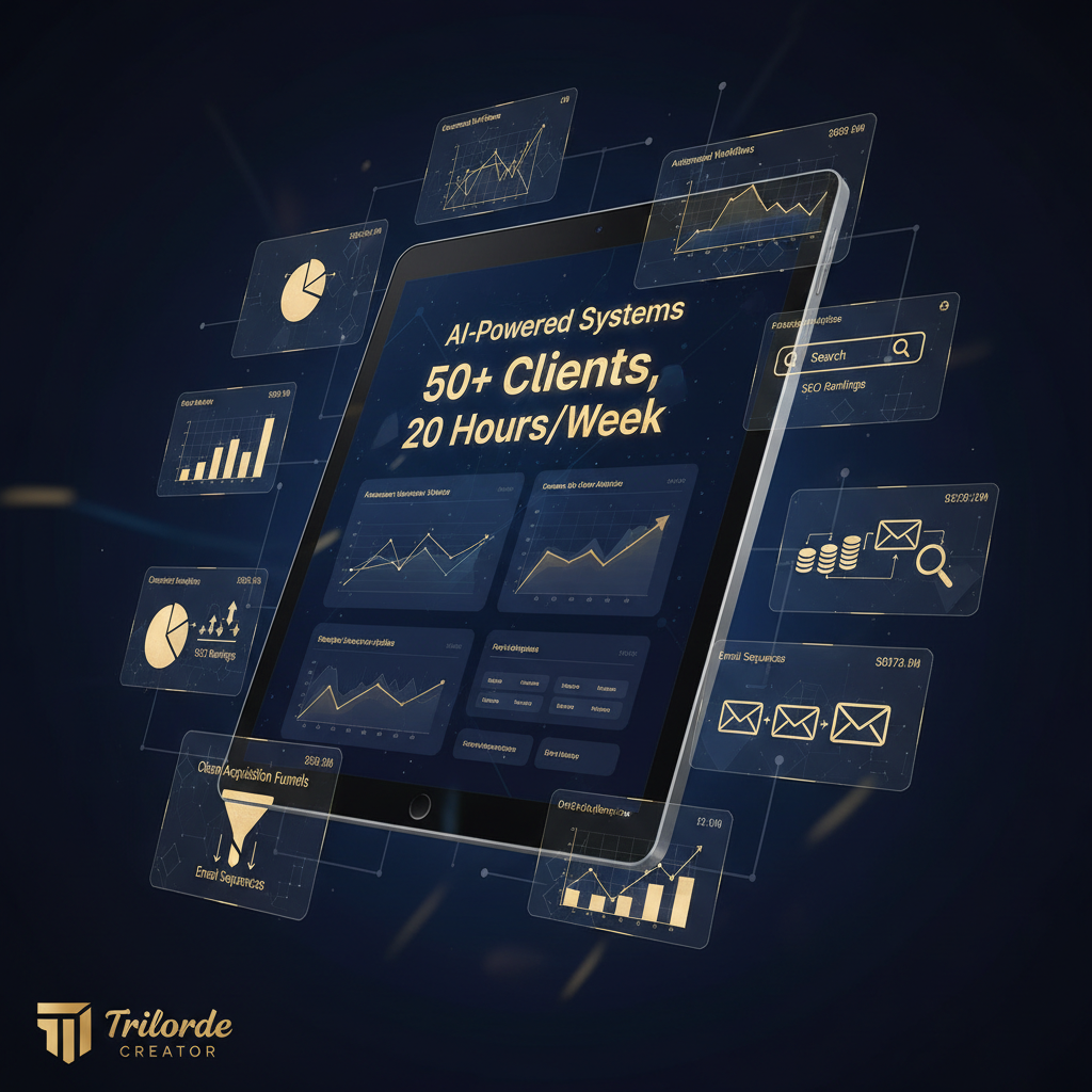 AI-powered marketing automation dashboard showing systems and 50+ clients management