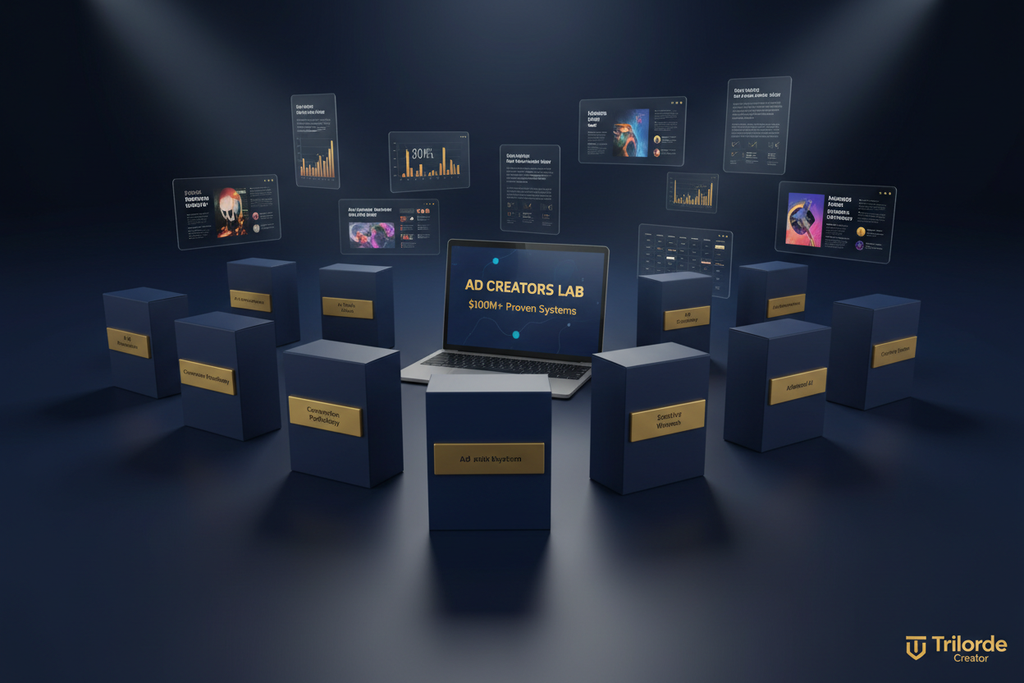 Complete Ad Creators Lab training bundle showing all 12 modules for AI ad creatives