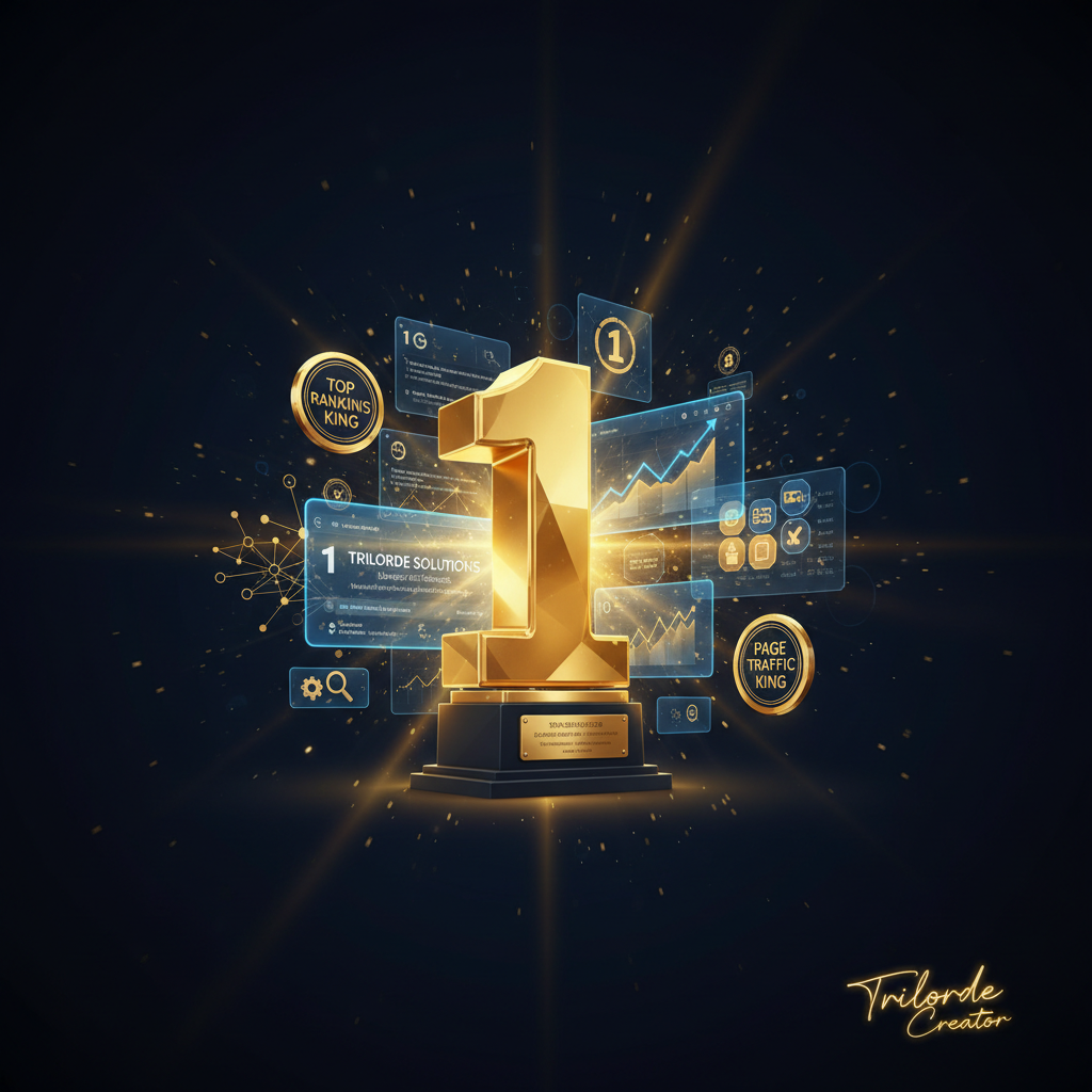Epic cinematic composition showing SEO mastery and page 1 ranking dominance