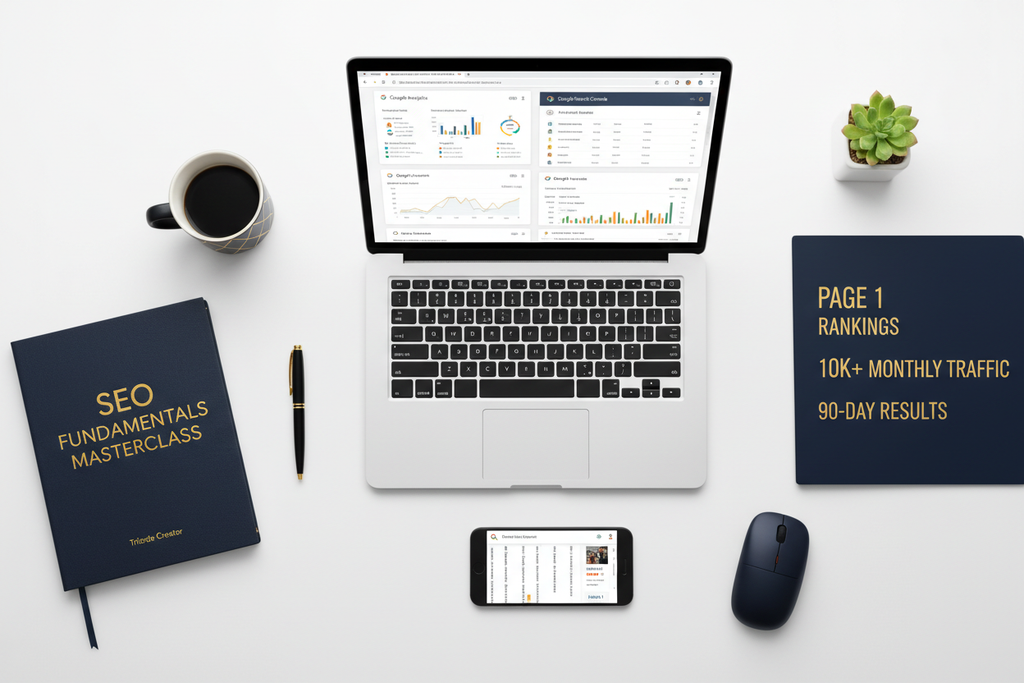 Professional SEO specialist workspace with fundamentals training and ranking success