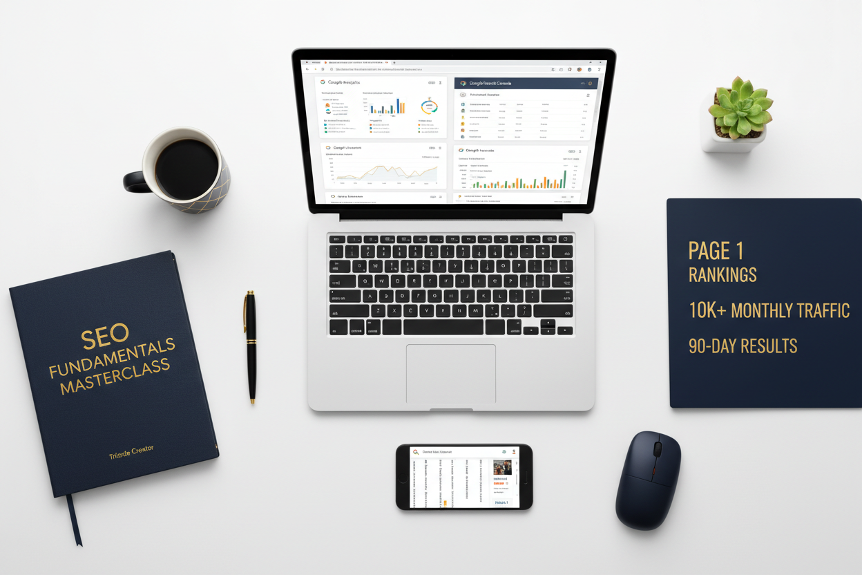 Professional SEO specialist workspace with fundamentals training and ranking success