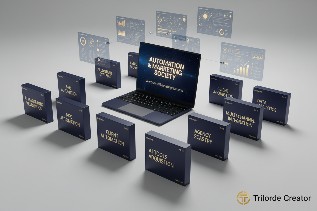 Complete Automation & Marketing Society training bundle showing all 12 modules and bonuses