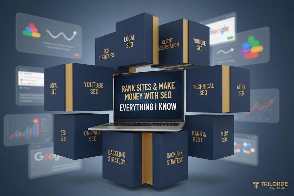 Complete SEO training bundle showing all 11 modules for ranking websites and making money