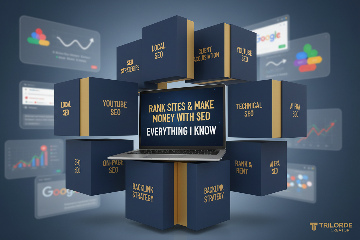 Complete SEO training bundle showing all 11 modules for ranking websites and making money