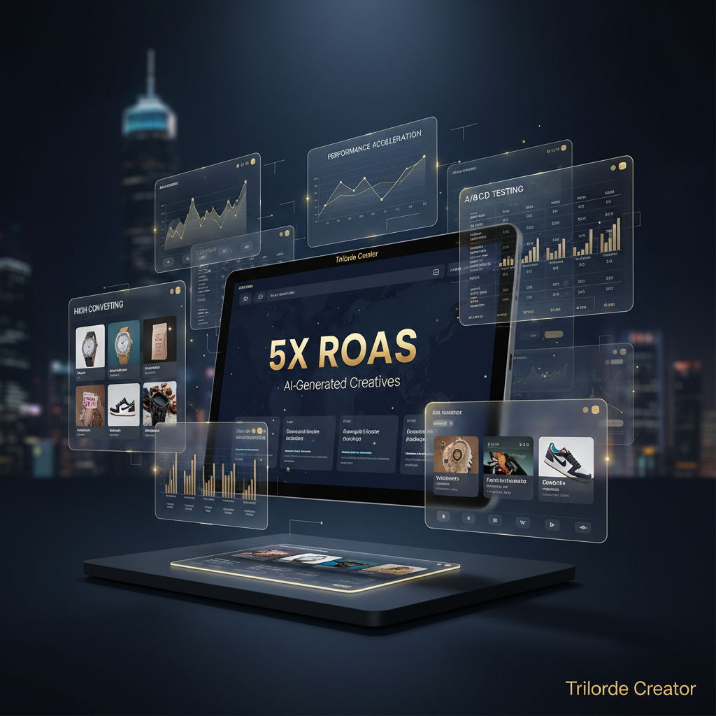 AI ad creative dashboard showing 5X ROAS and AI-generated ad performance