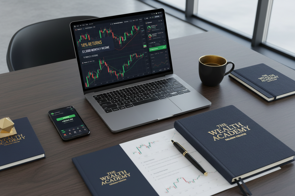 Professional trader workspace with The Wealth Academy materials and success metrics