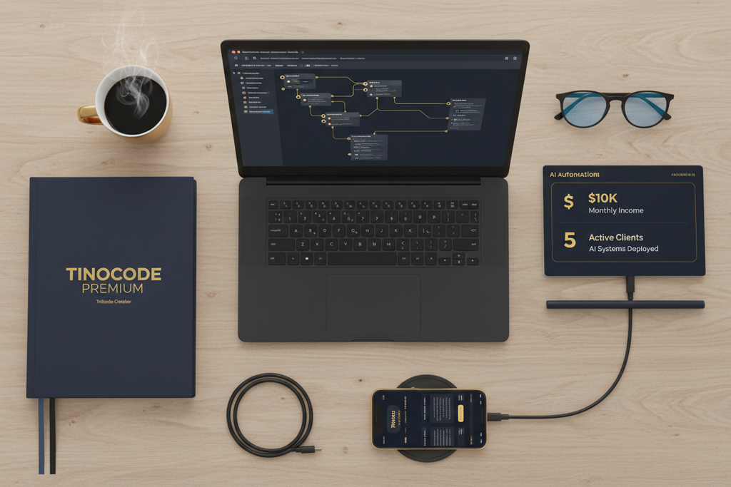 Professional AI automation specialist workspace with Tinocode Premium training materials