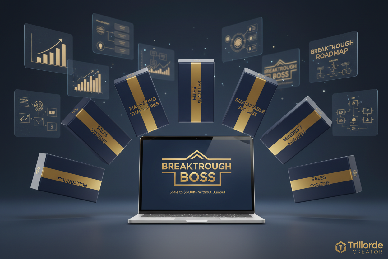 Complete Breakthrough Boss training bundle showing all 8 pillars for business scaling