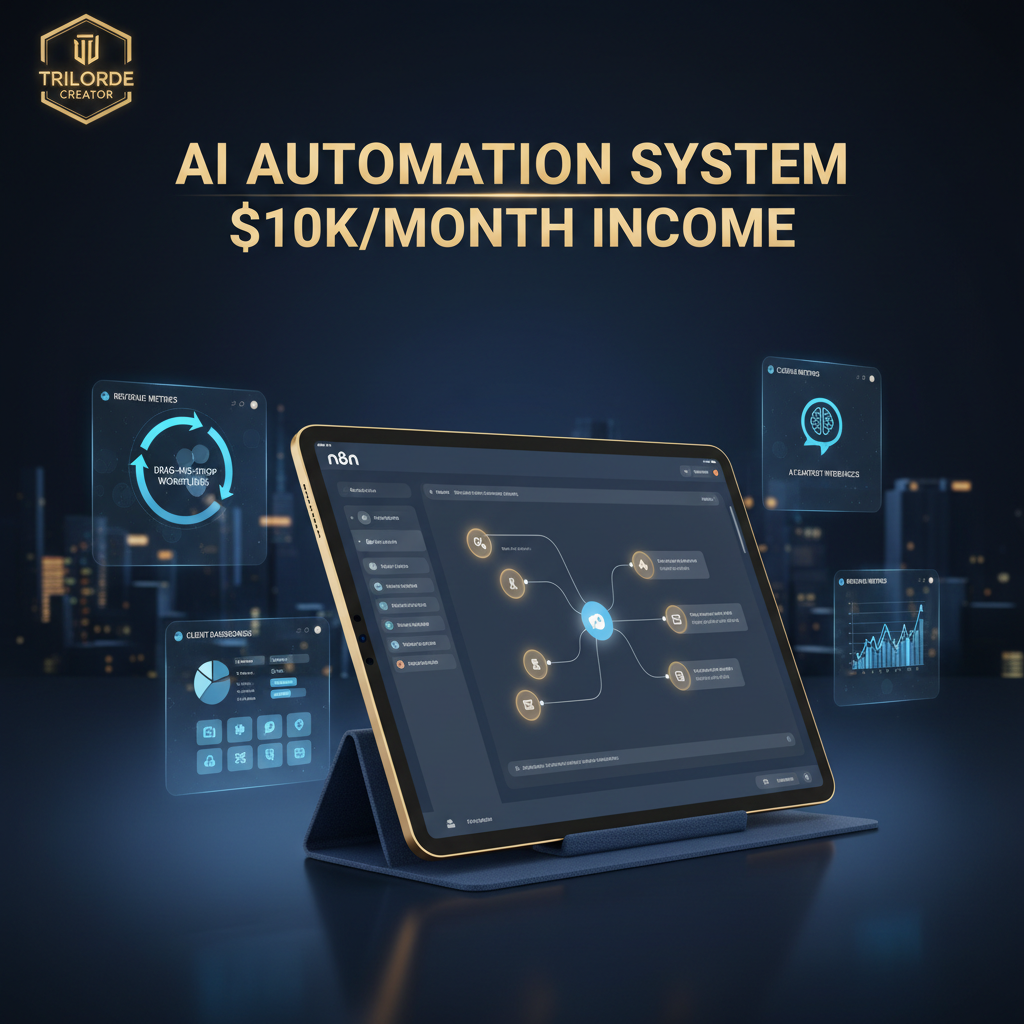 n8n workflow builder dashboard showing AI automation system and $10K monthly income