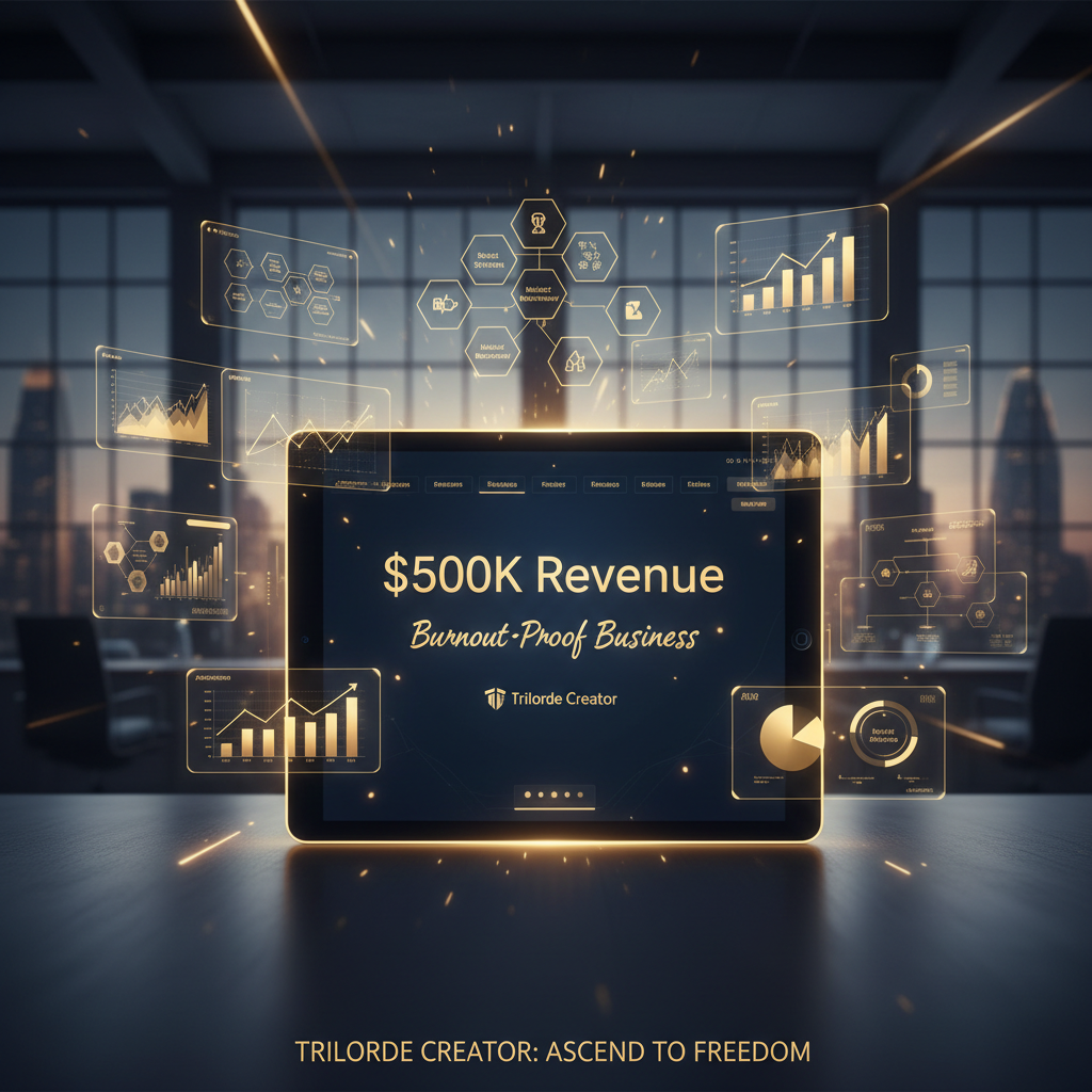 Business dashboard showing $500K revenue and burnout-proof business success