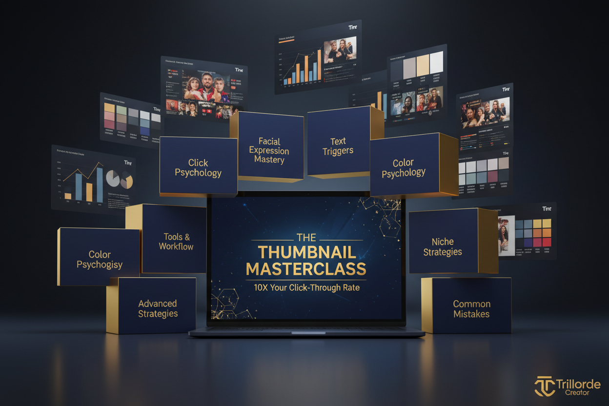 Complete Thumbnail Masterclass training bundle showing all 12 modules and bonuses