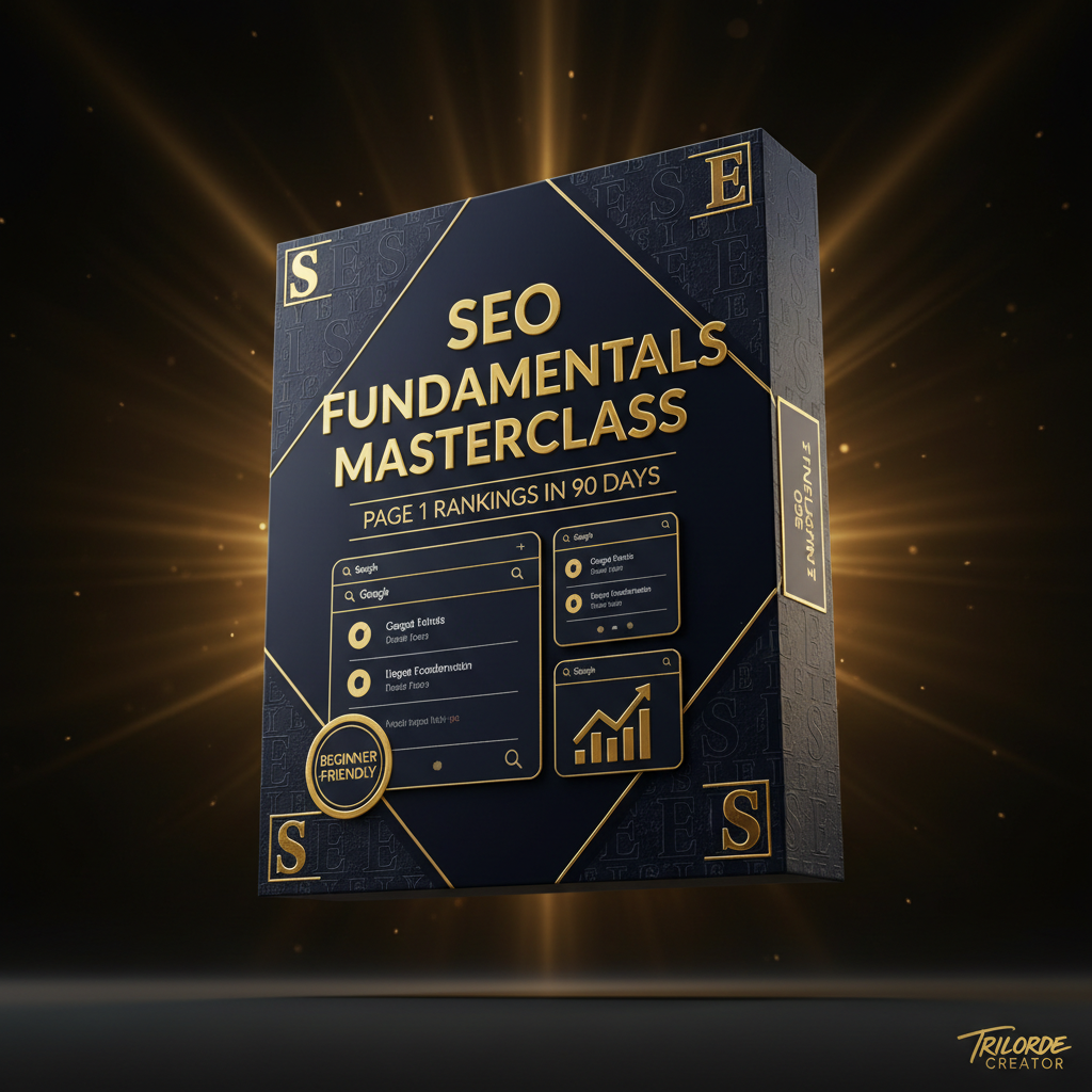 Premium 3D product box for SEO Fundamentals Masterclass beginner-friendly program