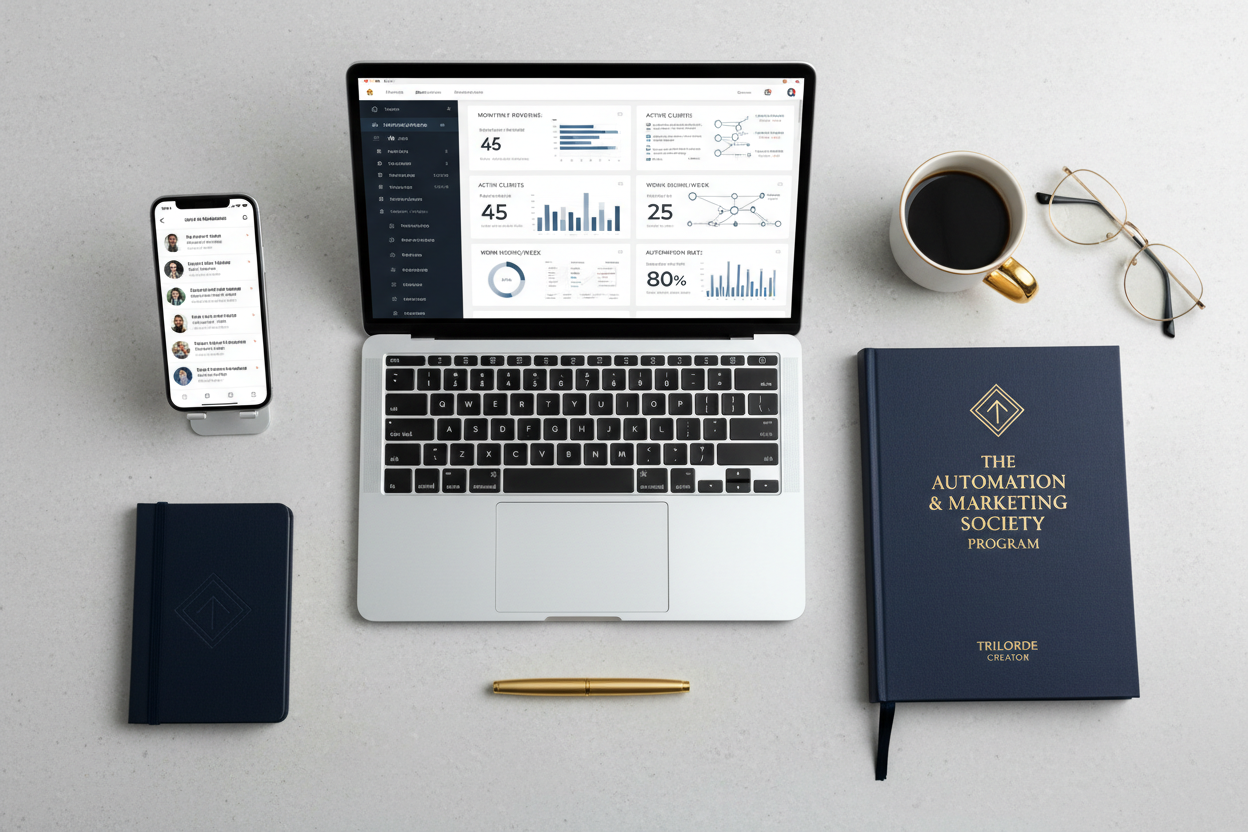 Professional marketing agency workspace with automation systems and success metrics